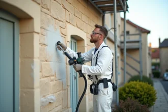 Peintre professionnel appliquant de la peinture façade avec une machine airless sur une maison en pierre