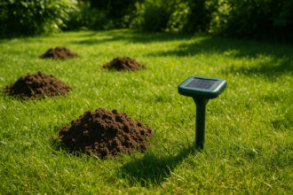 Photo d'une pelouse verte avec un repelant mole solaire