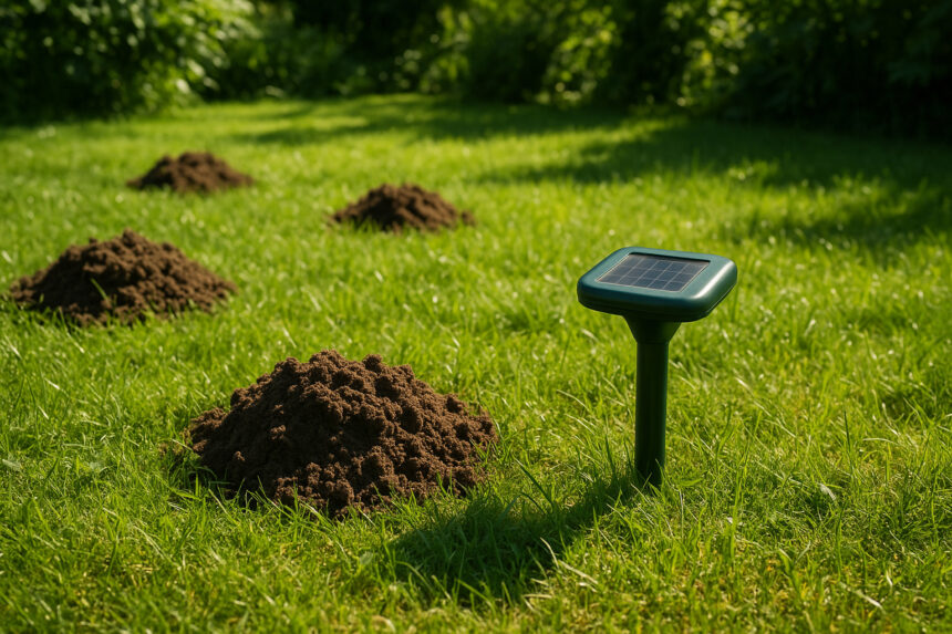 Photo d'une pelouse verte avec un repelant mole solaire