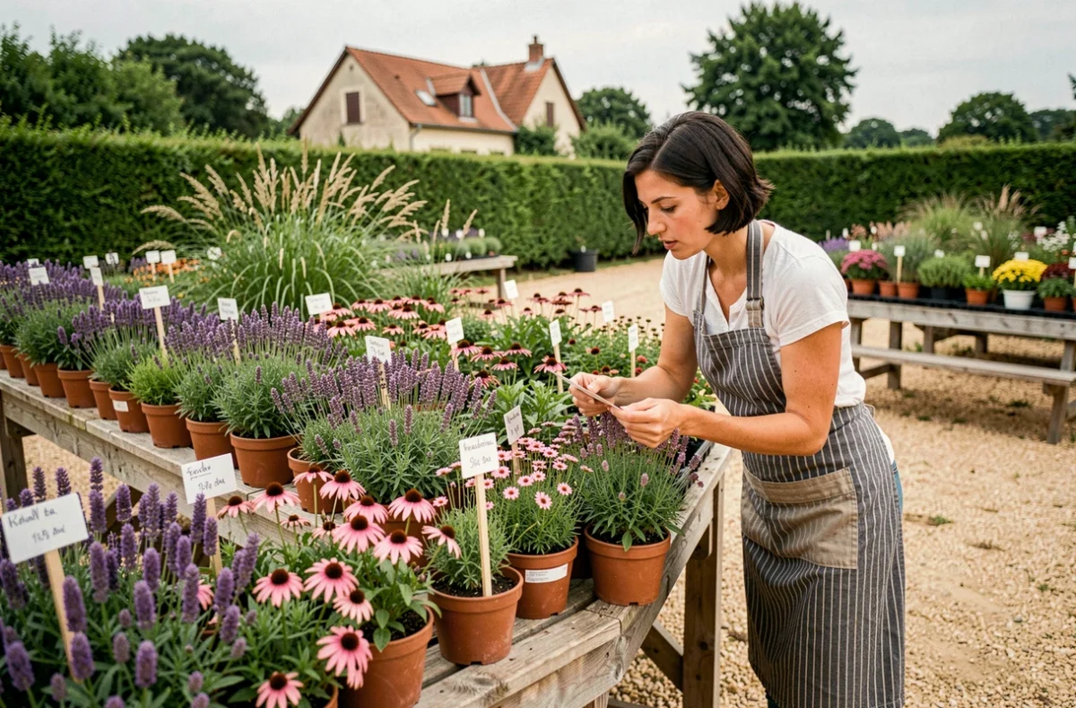 Femme consultant les étiquettes de plantes vivaces colorées dans une pépinière de Meurthe-et-Moselle