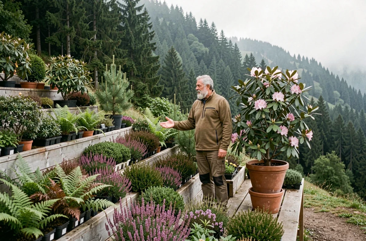 Pépiniériste présentant des plantes de montagne sur terrasses boisées dans les Vosges du Bas-Rhin