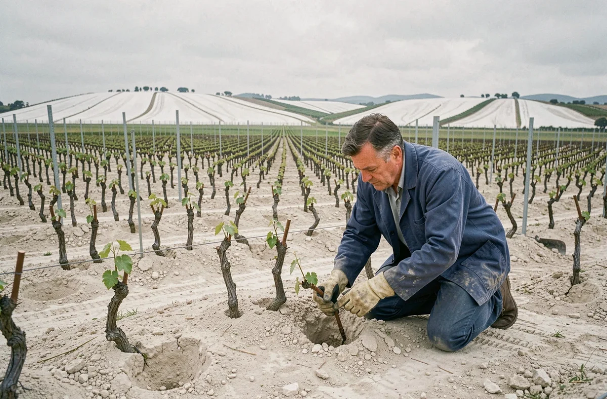 Pépiniériste plantant des jeunes plants de vigne dans un champ de propagation en région Champagne