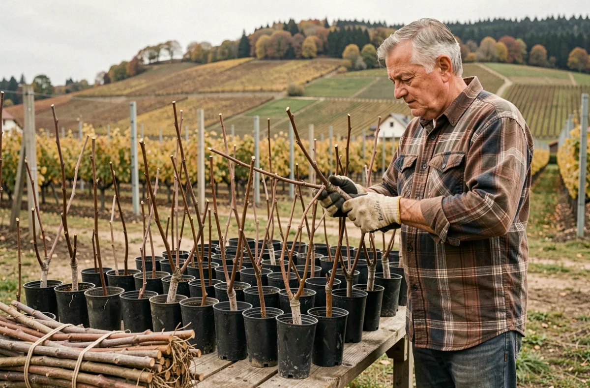 Vigneron inspectant un plant de vigne greffé dans une pépinière viticole alsacienne avec des vignobles en arrière-plan