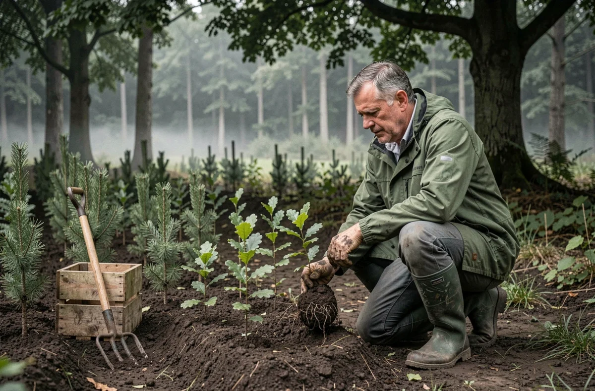 Pépiniériste inspectant des jeunes plants forestiers dans une pépinière forestière alsacienne entourée de bois denses