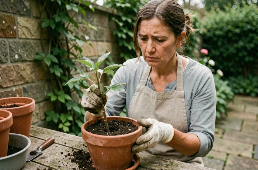 Femme jardinière examinant une bouture de pivoine arbustive dans un pot en terre cuite posé sur une table de rempotage en bois