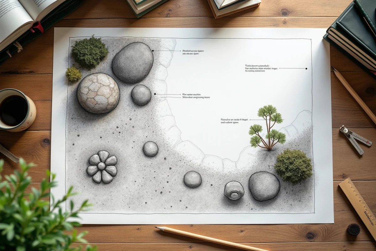 Plan dessiné à la main d'un jardin zen avec pierres, allées et notes de jardinage sur une table en chêne rustique