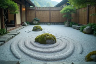 Plan de jardin zen avec gravier ratissé, pierres de mousse et clôture en bambou dans un espace extérieur apaisant