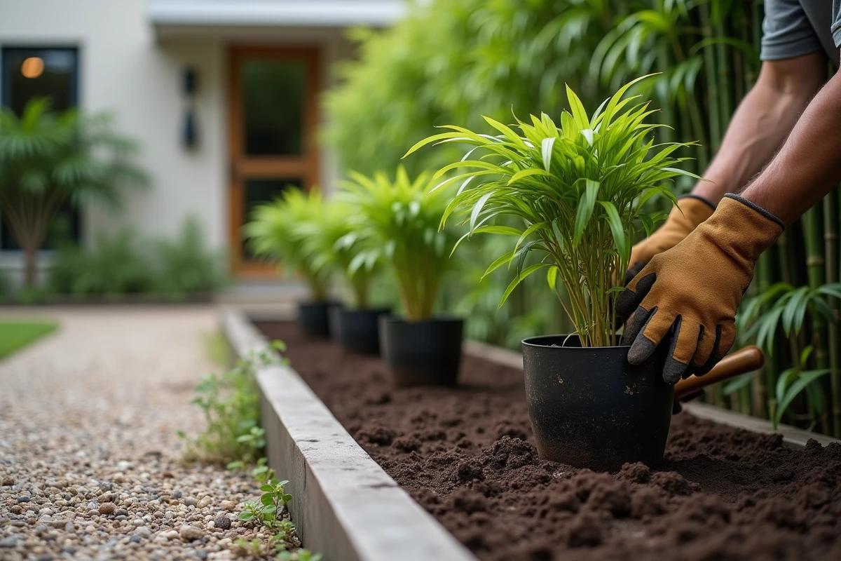 Plantation d'un bambou non traçant Fargesia robusta dans un jardin contemporain avec bordures en acier galvanisé et allée en gravier