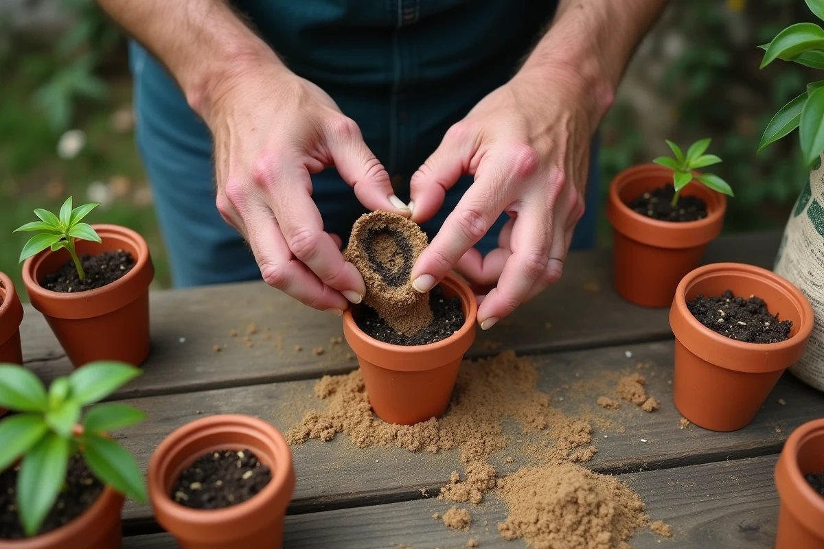 Mains qui plantent une bouture de bougainvillier dans un pot en terre cuite avec de la poudre d'hormones de bouturage