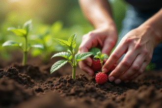Mains de jardinier plantant des framboises dans un sol humide