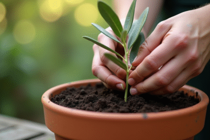 Mains humaines plantant une branche d olive dans un pot en terre cuite