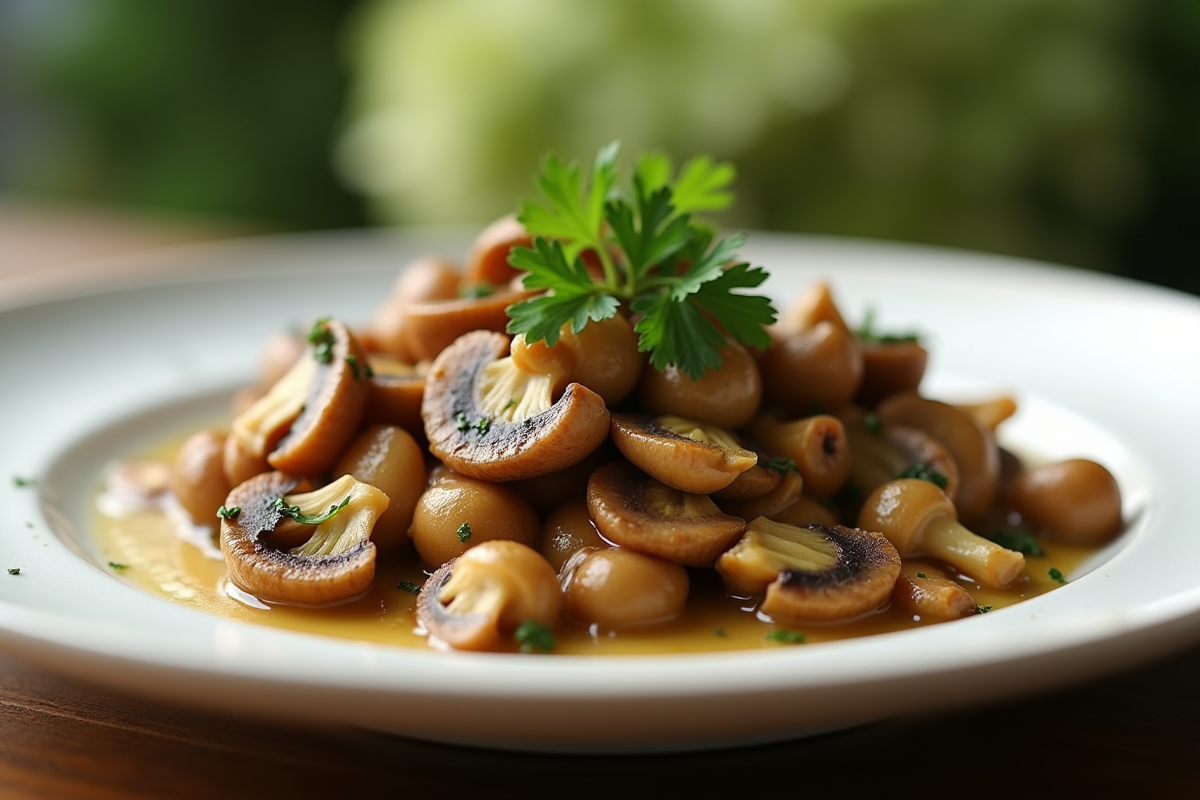 Plat de chanterelles sautées garnies de persil sur une assiette blanche