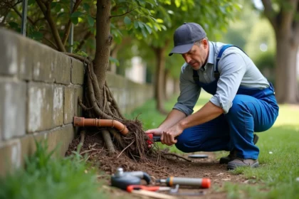 Plombier en extérieur examine des tuyaux en terre cuite avec racines de figuier
