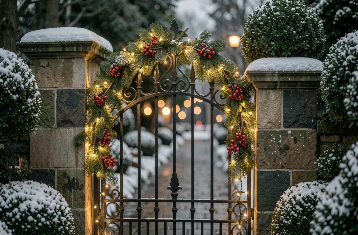 Portail en fer forgé décoré de branches de sapin et guirlandes lumineuses dorées pour les fêtes de Noël