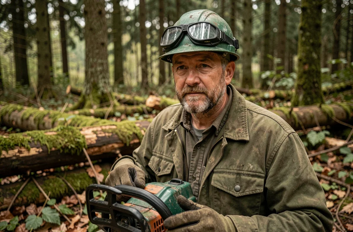 Portrait d'un élagueur expérimenté de l'entreprise Renard tenant une tronçonneuse professionnelle en lisière de forêt