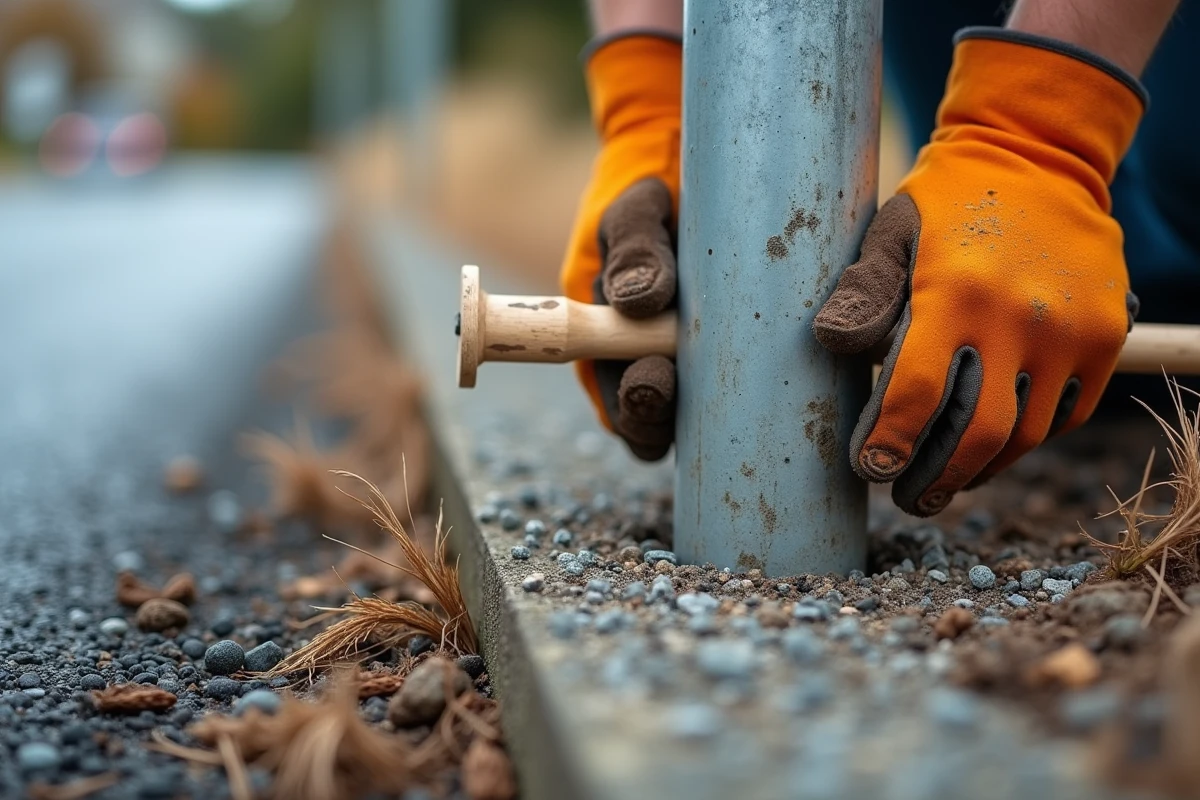 Gros plan sur un poteau de grillage fichée dans du gravier compacté sans béton en bord de route