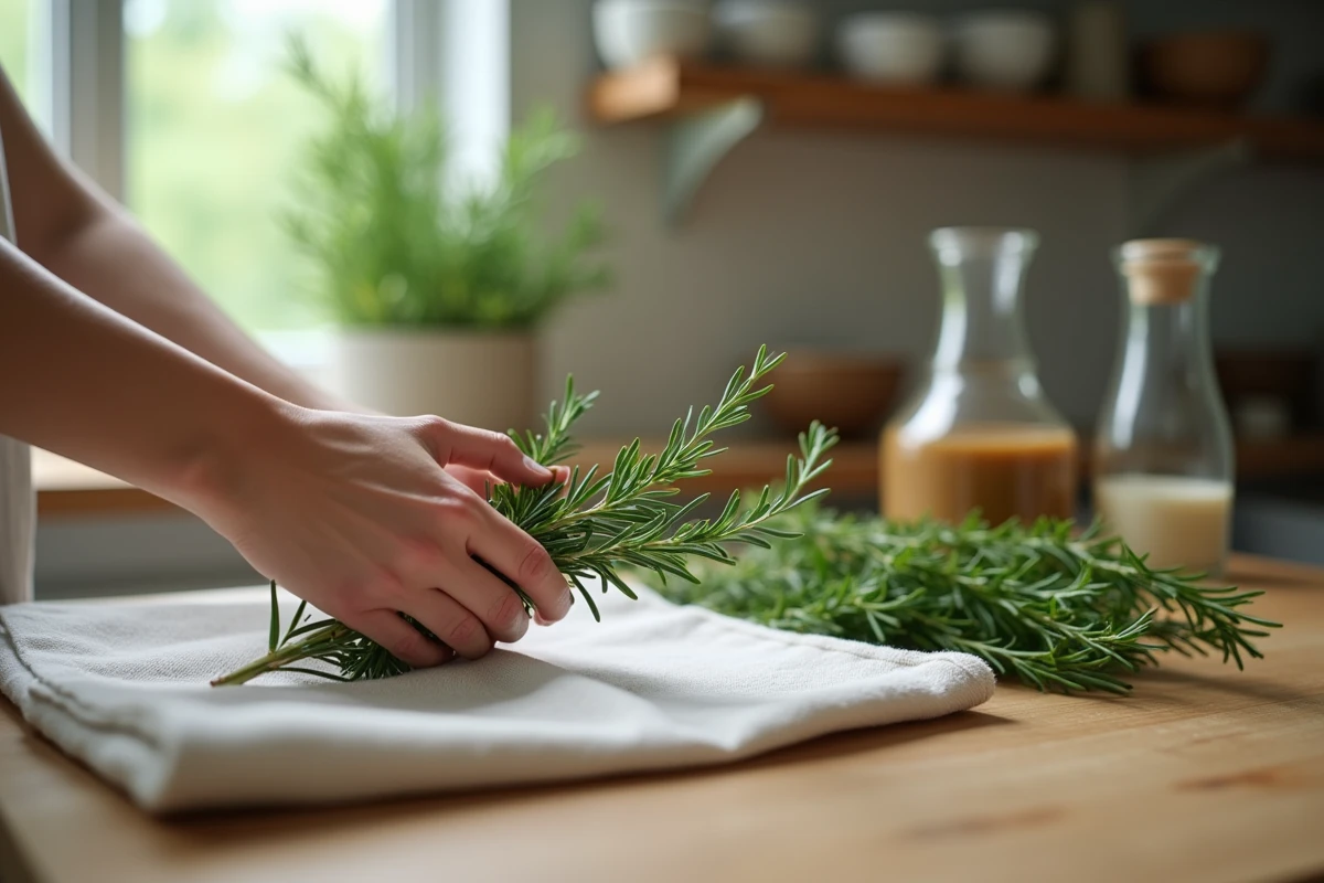 Mains préparant du romarin frais sur une table en cuisine