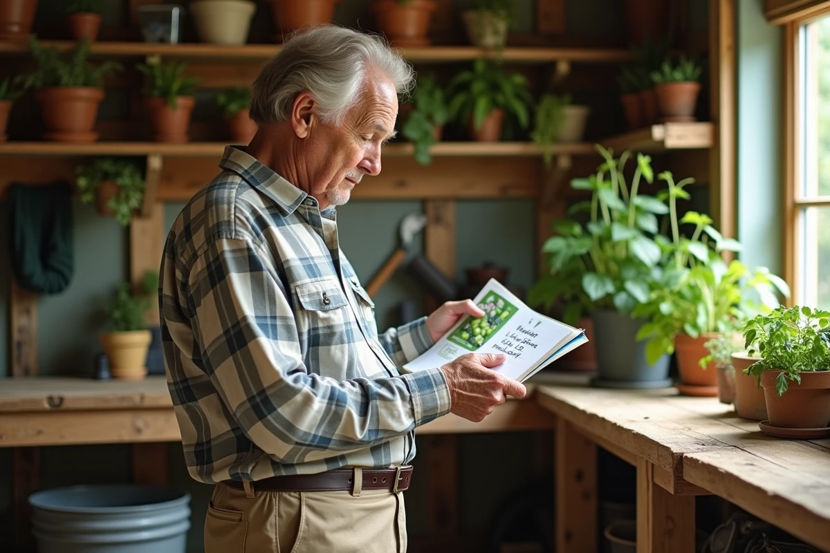 Homme âgé vérifiant ses graines de haricots dans un atelier