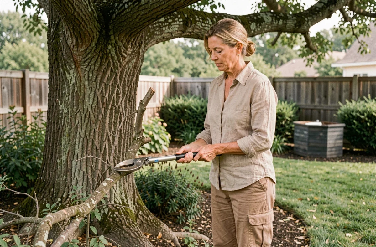 Propriétaire inspectant une branche de chêne avant de l'élaguer avec un sécateur à long manche dans son jardin