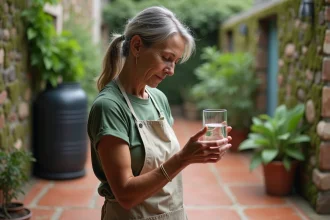 Femme examinant un verre d'eau de pluie purifiée devant un système de récupération d'eau dans un jardin naturel