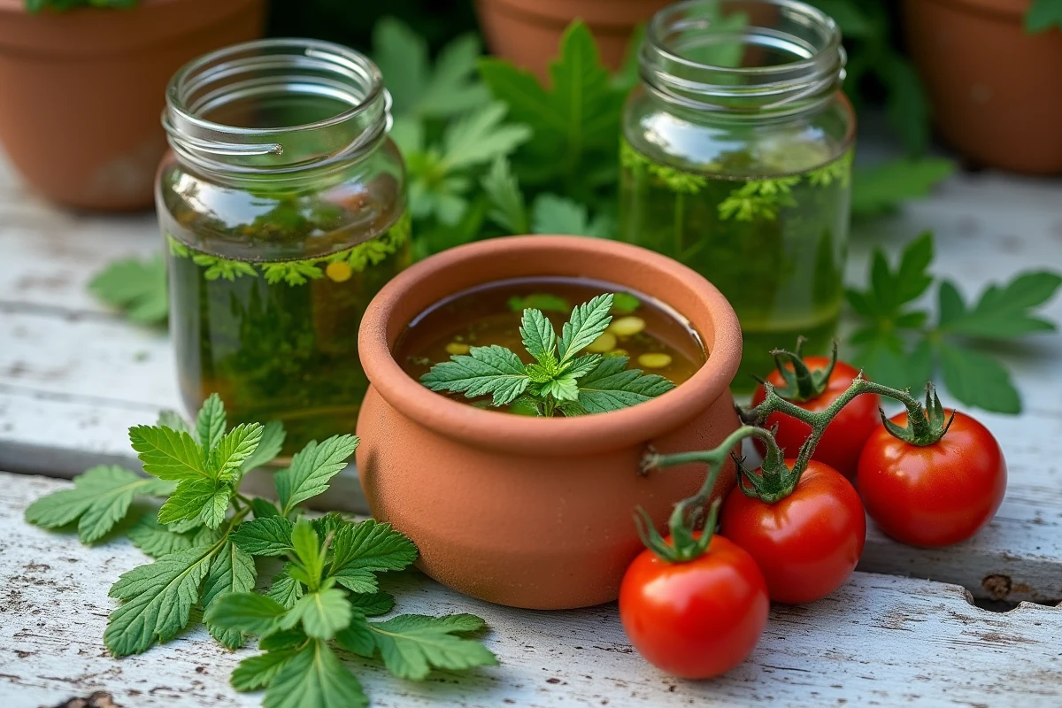 Préparation de purin d'ortie comme engrais doux pour tomates sur une table de jardin rustique