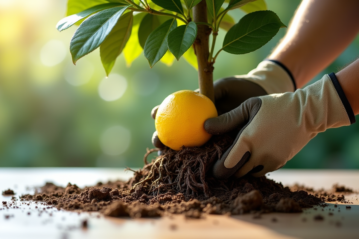 Racines de citron à dénouer avec des gants avant rempotage