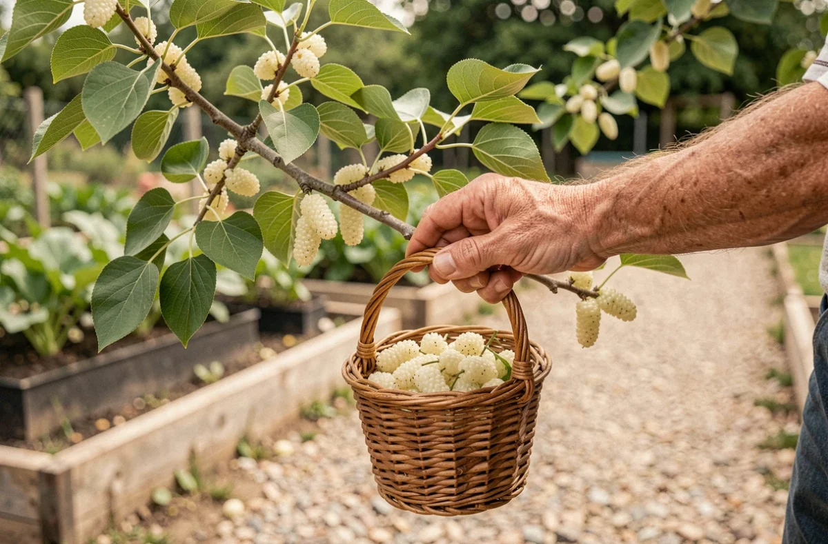 Mains récoltant des fruits de mûrier blanc dans un panier en osier au jardin potager