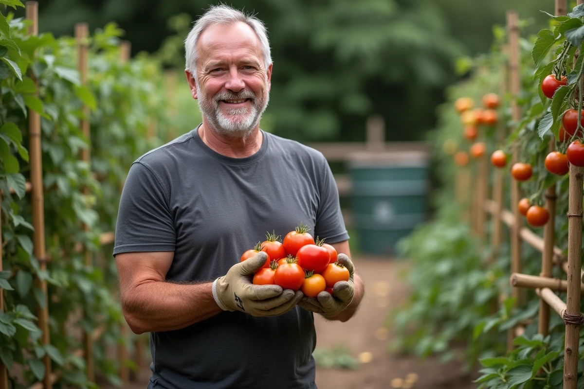 Jardinier tenant une récolte de tomates anciennes savoureuses issues d'une culture avec engrais doux