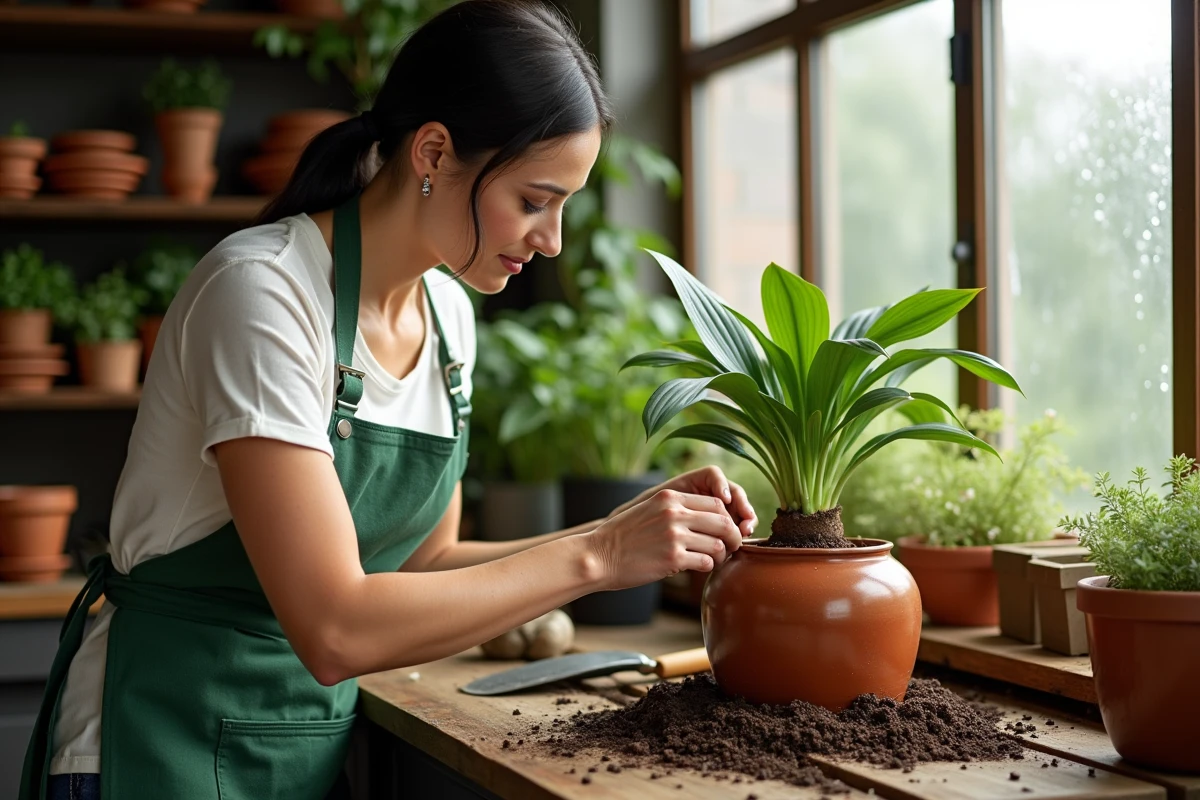 Femme rempotant un bulbe de lys oriental dans un grand pot en céramique sur un établi en bois, entourée de terreau et d'accessoires de jardinage en intérieur