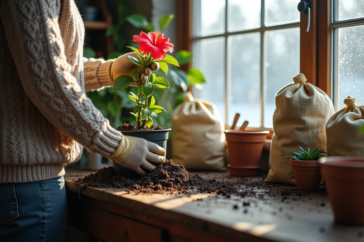 Personne en pull en laine qui rempote un hibiscus près d'une fenêtre de véranda en hiver