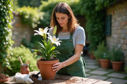 Femme rempotant un lys en fleur dans un pot en terre cuite sur une table de jardin en bois