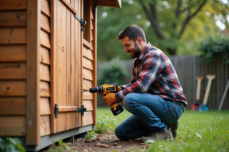 Homme renforçant un abri de jardin en bois avec perceuse