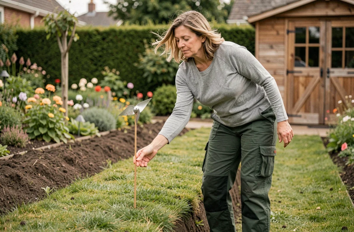 Femme plaçant un répulsif anti-taupe dans le jardin pour protéger sa pelouse