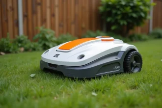 Robot tondeuse Kress bloqué sur sa base de recharge avec des traces de coupe irrégulière sur la pelouse