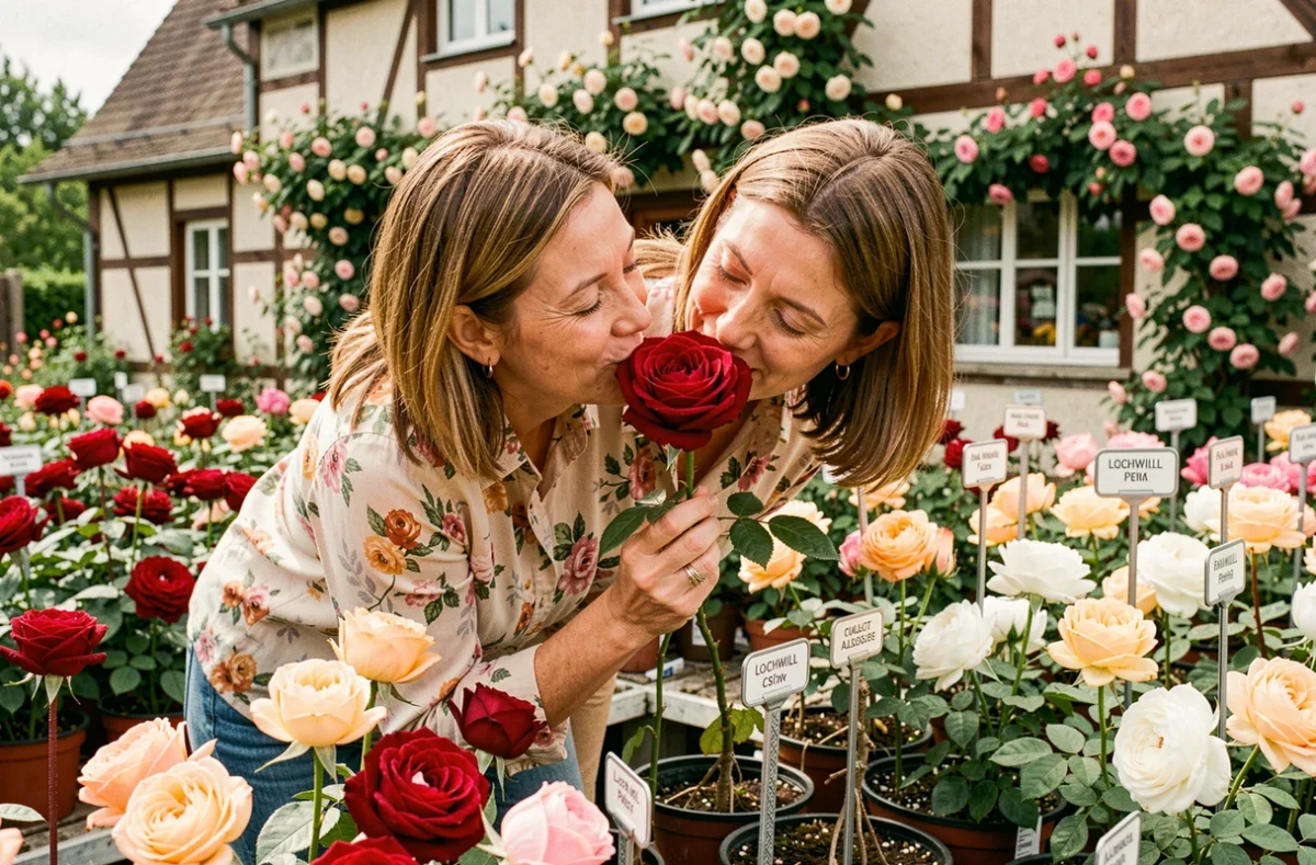 Femme savourant le parfum d'une rose dans la roseraie de Lochwiller entourée de rosiers en fleurs