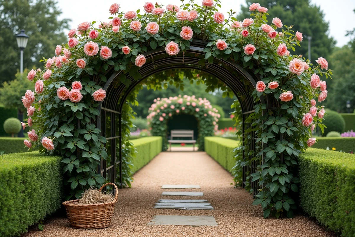 Vue large d'un rosier grimpant sur une pergola en fer après taille estivale avec panier de tiges coupées sur allée de gravier