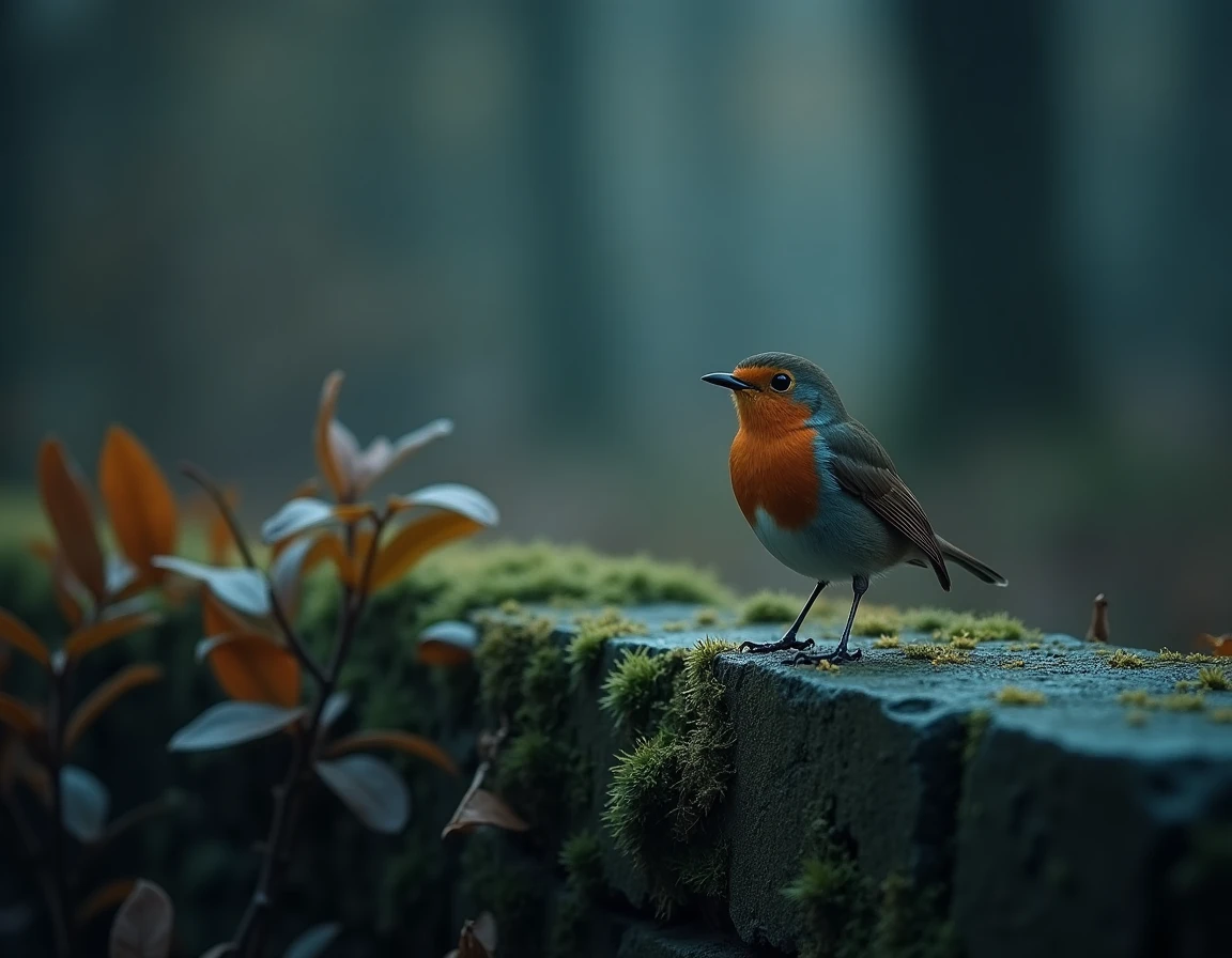 Rouge-gorge posé sur un muret en pierre moussue au crépuscule dans une forêt automnale, illustrant la symbolique nocturne et spirituelle de cet oiseau