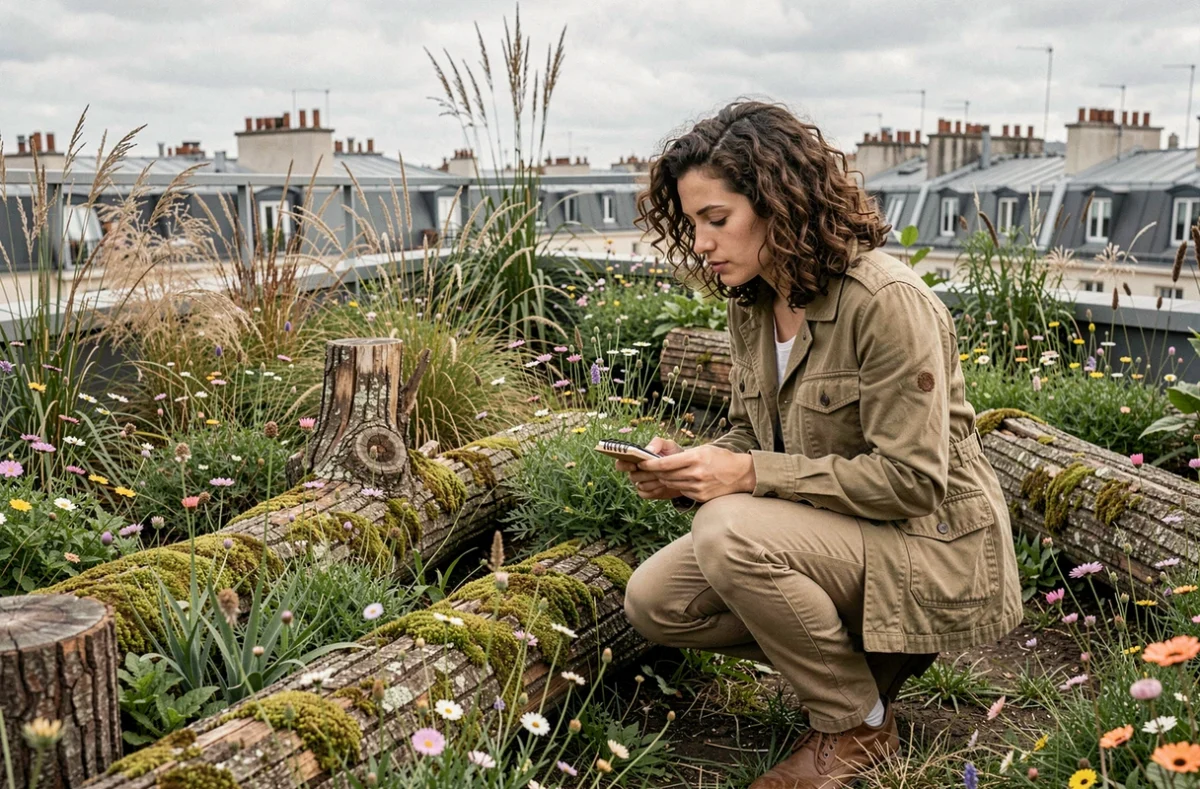 Designer paysagiste de Sauvaje inspectant un jardin naturel sauvage sur un rooftop parisien avec plantations indigènes