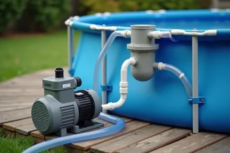 Schéma d'installation d'une pompe de piscine Intex connectée à un système de traitement au sel sur une terrasse en bois