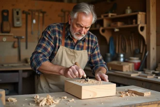 Sculpteur sur bois travaillant un bloc de tilleul dans un atelier artisanal avec des outils traditionnels