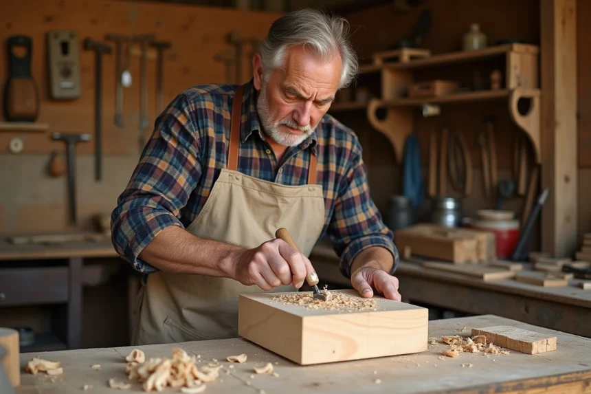 Sculpteur sur bois travaillant un bloc de tilleul dans un atelier artisanal avec des outils traditionnels