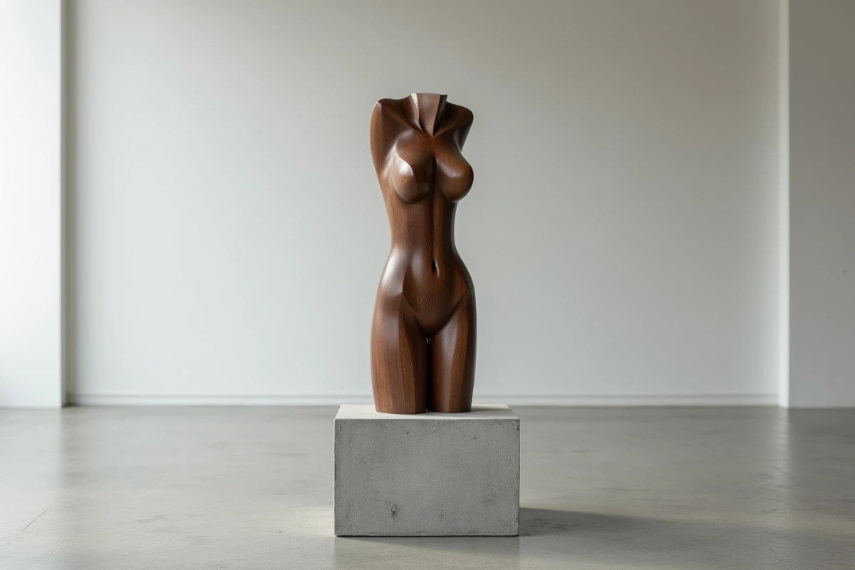 Sculpture artisanale en noyer représentant une figure abstraite exposée sur un socle en béton dans un atelier minimaliste