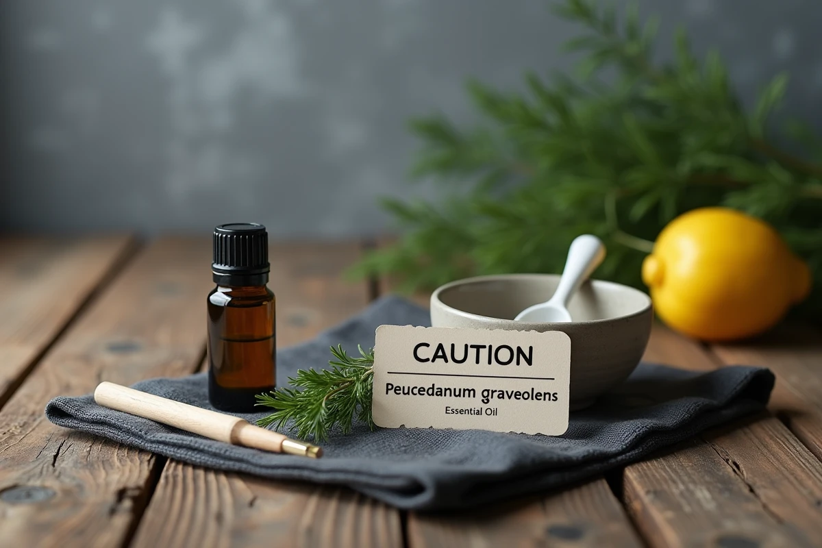 Mise en scène éditoriale sur l'utilisation sécurisée de l'huile essentielle de Peucedanum graveolens avec matériel de dilution et étiquette de précaution