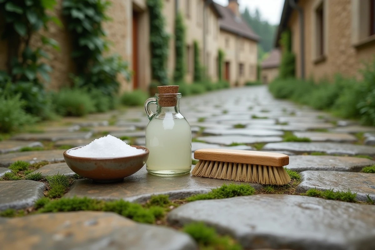 Sel, vinaigre blanc et bicarbonate disposés sur des pavés autobloquants envahis par les mauvaises herbes dans une cour en pierre