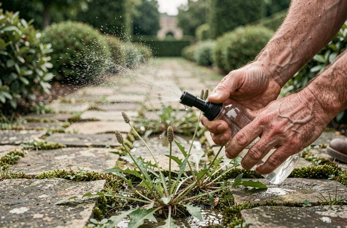 Pulvérisation de vinaigre sur des mauvaises herbes entre les pavés d'un jardin en pierre