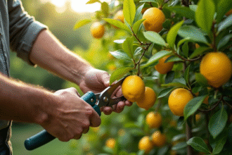 Jardinier taillant un citronnier quatre saisons avec des citrons mûrs