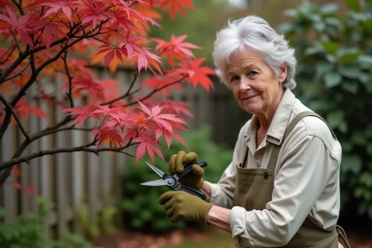 Femme taillant un érable du Japon aux feuilles rouges dans un jardin en automne