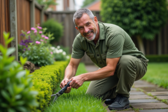 Jardinier homme taillant une haie dans un jardin organisé