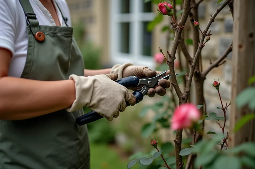 Femme taillant un rosier grimpant en fleurs sur un treillage en bois dans un jardin de cottage français