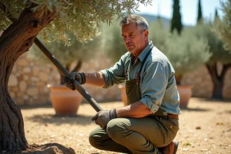 Jardinier effectuant une taille sévère d'un olivier dans un jardin méditerranéen avec des élagueurs à long manche